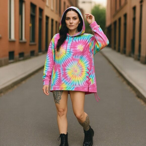 Club Exx Oversized Tie-Dye Hoodie W/ Lace-Up Sides & Fleece Lining – NWT 1X - Picture 1 of 6